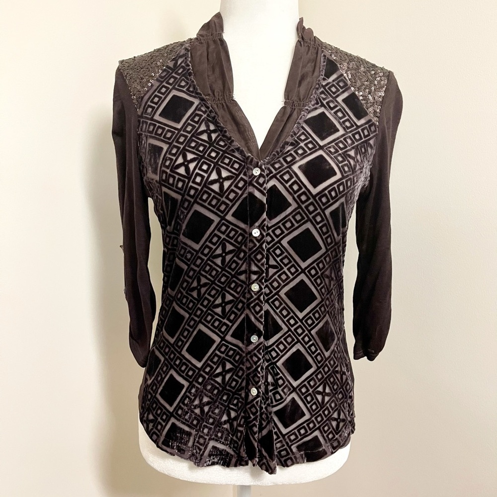 Gorgeous Tiny from Anthropologie silk blend velvet and sequin top!